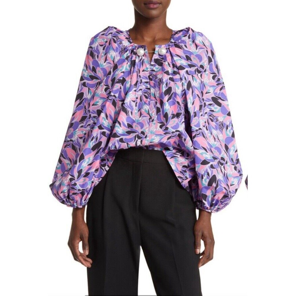 NACKIYÉ 100% Cotton Purple Floral Blouse Mediterranean Long Puff Sleeve Large 40